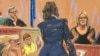 Stormy Daniels is questioned by prosecutor Susan Hoffinger before Justice Juan Merchan, in Manhattan state court in New York City, May 7, 2024, in this courtroom sketch.