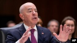 FILE - Homeland Security Secretary Alejandro Mayorkas testifies during a hearing on Capitol Hill, in Washington, Nov. 8, 2023.