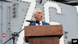 FILE - U.S. Ambassador to Japan Rahm Emanuel delivers a speech at the U.S. Navy aircraft carrier USS Ronald Reagan at the U.S. Navy's Yokosuka base, in Yokosuka, south of Tokyo, May 16, 2024.