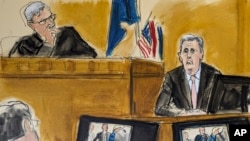 In this courtroom sketch, Michael Cohen, right, testifies on the witness stand with Judge Juan Merchan presiding in Manhattan criminal court, May 20, 2024, in New York.