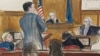 Former President Donald Trump, left, watches as David Pecker answers questions on the witness stand, far right, from assistant district attorney Joshua Steinglass, in Manhattan criminal court, April 23, 2024, in New York.