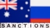 Plastic letters arranged to read "Sanctions" are placed in front the flag colors of Australia and Russia in this illustration taken Feb. 28, 2022. (Reuters/Dado Ruvic/Illustration)