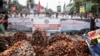 Para petani dari asosiasi petani kelapa sawit Indonesia membawa buah sawit saat memprotes kebijakan larangan ekspor pemerintah, di Jakarta pada 17 Mei 2022. (Foto: ilustrasi - Mariana / AFP)