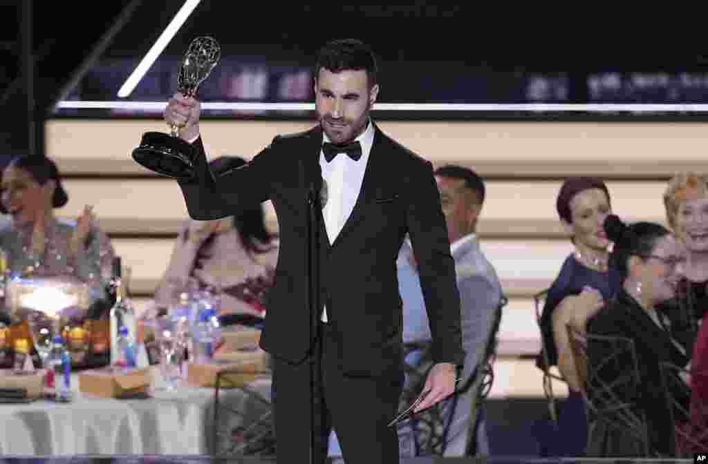 Brett Goldstein accepts the Emmy for outstanding supporting actor in a comedy series for "Ted Lasso" at the 74th Primetime Emmy Awards at the Microsoft Theater in Los Angeles, Sept. 12, 2022.