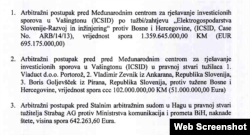Arbitražni postupci protiv BiH (Screenshot dokumenta Pravobranilaštva BiH)