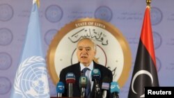 
L'émissaire américain pour la Libye, Ghassan Salame, prend la parole lors d'une conférence de presse à Tripoli, en Libye, le 6 avril 2019.