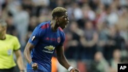 Paul Pogba jubile lors de la finale de l’Europa League contre l'Ajax Amsterdam, Suède, le 24 mai 2017.