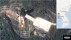 A satellite image provided by DigitalGlobe shows a facility in Sohai, North Korea where analysts believe rocket engines have been tested.