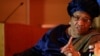 FILE - President of Liberia Ellen Johnson Sirleaf makes a point during an onstage newsmakers interview with Reuters journalist Axel Threlfall in Washington.