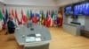 European Council President Charles Michel at a video meeting on Belarus