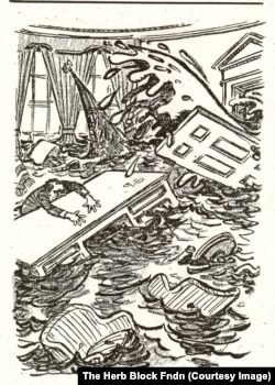 A 1973 Herblock cartoon of President Richard Nixon awash in his office.