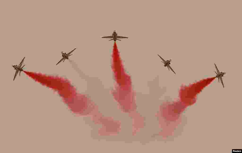 Jets perform during Saudi security forces' Abdullah's Sword military drill in Hafar Al-Batin, near the border with Kuwait.