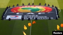 Le logo de la CAF aperçu sur le terrain lors de la cérémonie d'ouverture de la CAN 2017 au stade de Franceville, Gabon, 14 janvier 2017.