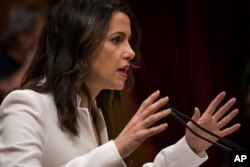 Ines Arrimadas, president of the Parliamentary Group of Ciudadanos party, delivers a speech during a parliamentary session in Barcelona, Spain, May 12, 2018.