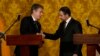 U.S. Secretary of State Antony Blinken, left, and Ecuador's Foreign Minister Mauricio Montalvo, talk at the end of a press conference at government palace in Quito, Ecuador, Oct. 19, 2021. 