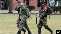 A Colombian soldier, left front, escorts rebels of the National Liberation Army, ELN, who gave themselves up at a military base in Cali, July 16, 2013.