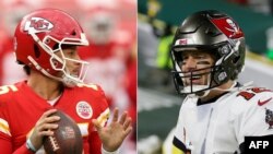 (HADA HOTON AKA YI) Dan wasan Chiefs Patrick Mahomes, Hagu da Tom Brady na Buccaneers , Dama