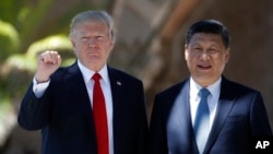 Le président Donald Trump et le président chinois Xi Jinping s'arrêtent pour prendre des photos à Mar-a-Lago, à Palm Beach, en Floride, 7 avril 2017. 