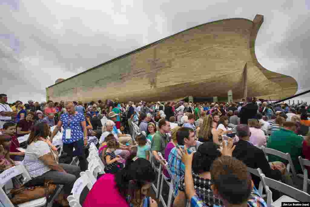 Visitors gather outside Ark Encounter, 510-foot-long re-creation of Noah's Ark, in Williamstown, Kentucky. Ark Encounter is the brainchild of Australian-born creationist Ken Ham.