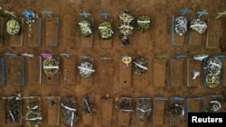 An aerial view of the Parque Taruma cemetery amid the coronavirus outbreak, in Manaus, Amazonas state, Brazil, Feb. 25, 2021. 