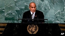 FILE - President of Kiribati Taneti Maamau addresses the 77th session of the United Nations General Assembly, Sept. 22, 2022 at U.N. headquarters.