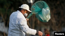 A public park staff catches a dove at a public area in downtown Shanghai Apr. 6, 2013. Shanghai's government has ordered workers to remove pigeons from public areas to prevent the spread of H7N9 bird flu to humans, local media reported.