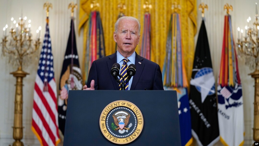 President Joe Biden speaks about the American troop withdrawal from Afghanistan, in the East Room of the White House, in Washington, July 8, 2021. 