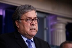 FILE - Attorney General William Barr speaks about the coronavirus at the White House in Washington, April 1, 2020. Barr warned that the Justice Department will “not tolerate bad actors who treat the crisis as an opportunity to get rich quick.”