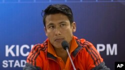 FILE – In this March 11, 2015 file photo, Nepal soccer team captain Sagar Thapa attends a press conference on the eve of a World Cup qualifying match against India in Gauhati, India.
