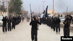 Des combattants de l'Etat Islamique d'Irak et du Levant, liés par Al-Qaïda, avec leurs armes lors d'un défilé, près de la frontière avec la Turquie le 2 janvier 2014. REUTERS / Yaser Al-Khodor 