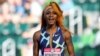 Sur cette photo du 19 juin 2021, Sha'Carri Richardson célèbre sa victoire après avoir remporté la première manche de la demi-finale du 100 mètres féminin lors des essais olympiques d'athlétisme des États-Unis à Eugene, Oregon, États-Unis.