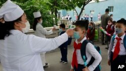（资料照）朝鲜平壤金成柱小学学生6月23日接受体温检测。