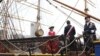 A special barrel of Hennessy, which made the trip from France with the Hermione, is seen hanging aboard the Hermione at the "Hennessy 250 Celebrates the Hermione's arrival in New York Harbor" at Pier 15 in New York, July 1, 2015.