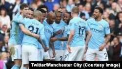 Les joueurs de Manchester City célèbrent après un but, Angleterre, le 9 novembre 2017. 